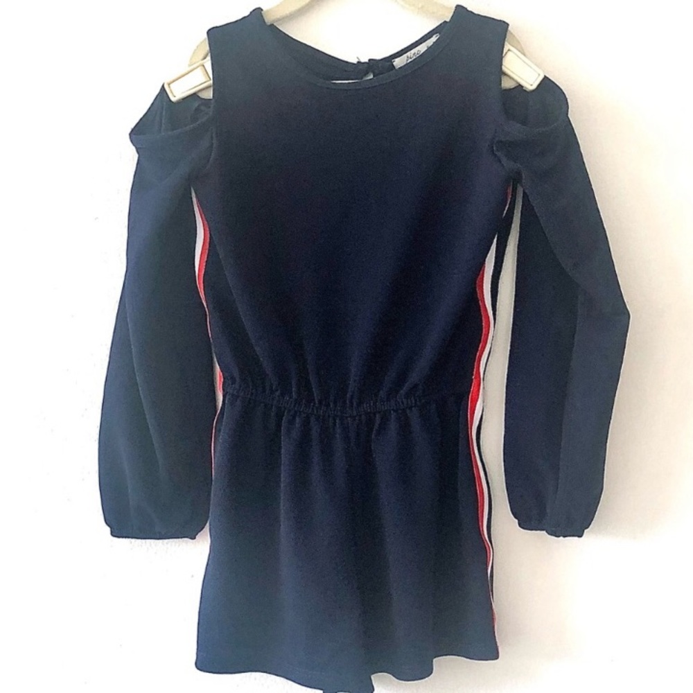 Pinc Premium navy blue cold shoulder romper varsity stripe down sides, Medium